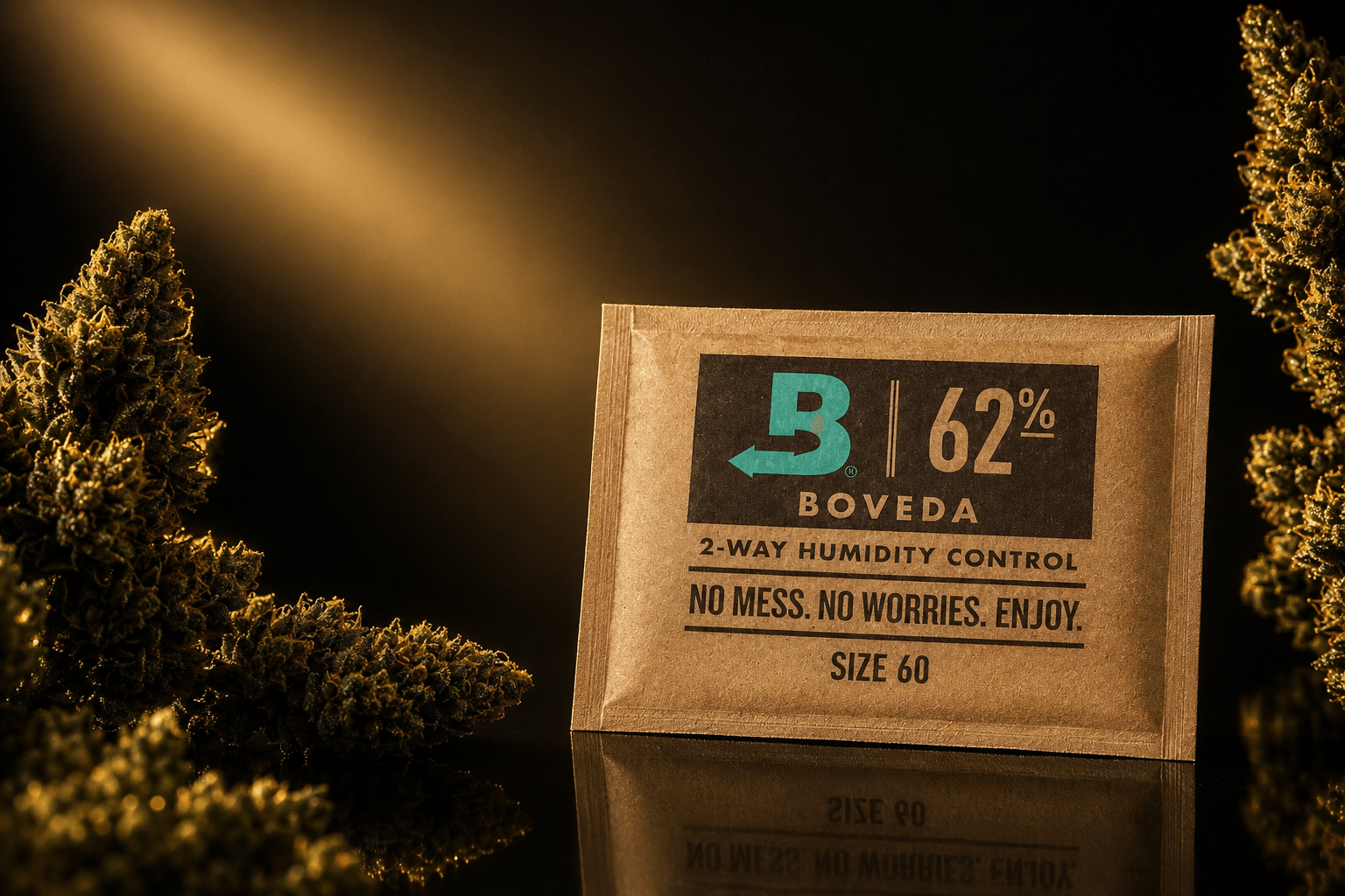 Boveda 62 % Größe 60 mit Cannabisblüten in einer dunklen Black-and-Gold-Produktaufnahme