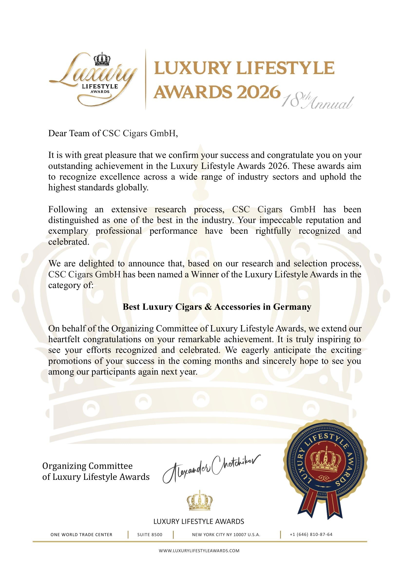 CSC Cigars GmbH gewinnt Luxury Lifestyle Award 2026 – Best Luxury Cigars & Accessories in Germany