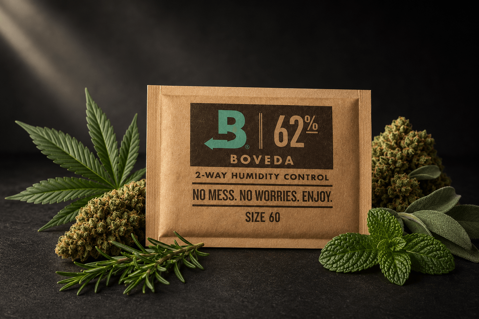 Boveda 62 % Größe 60 mit Cannabisblüten, Cannabisblatt, Rosmarin, Salbei und Minze